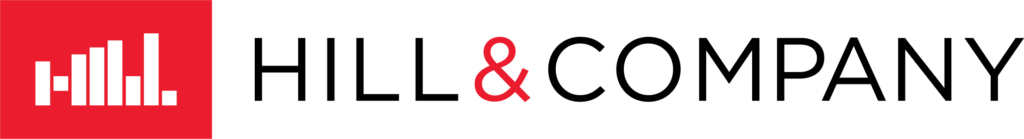red, white, and black horizontal hill & company logo