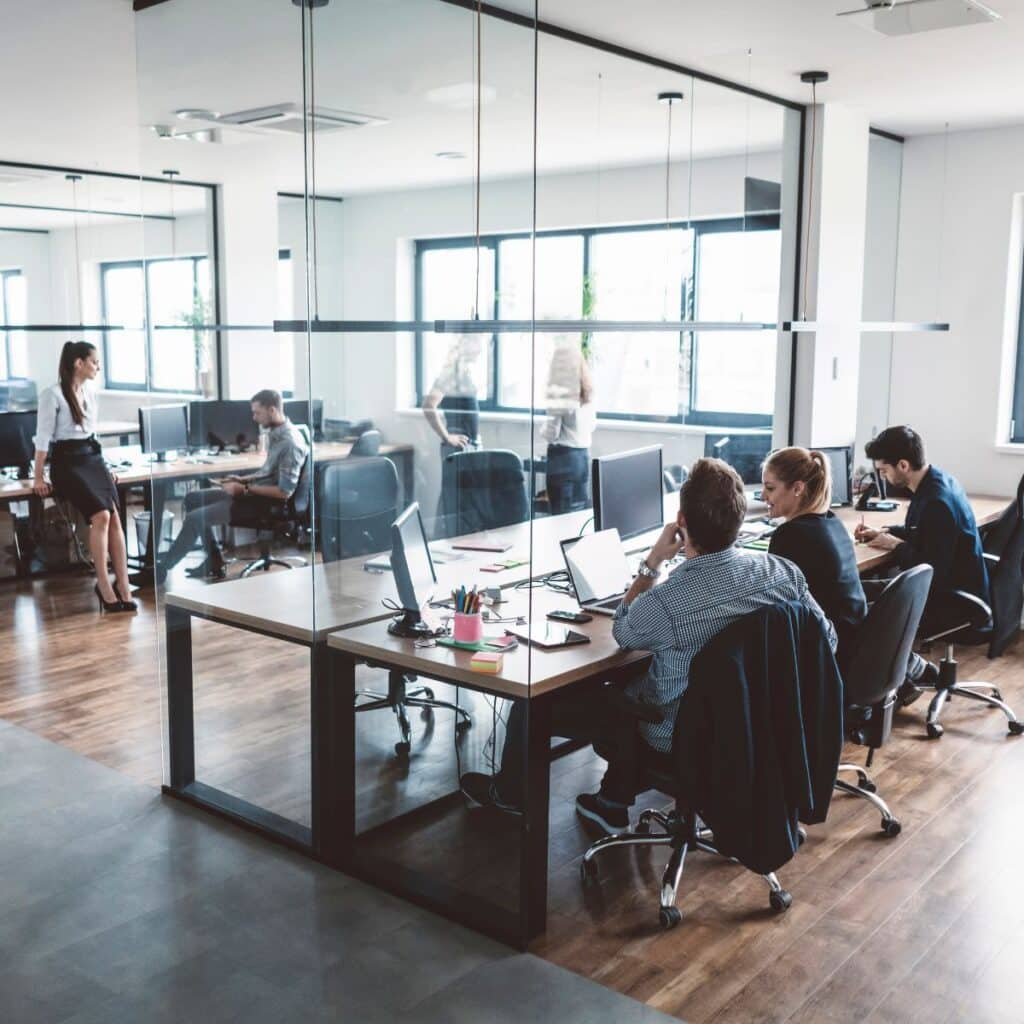 people working in a commercial business building