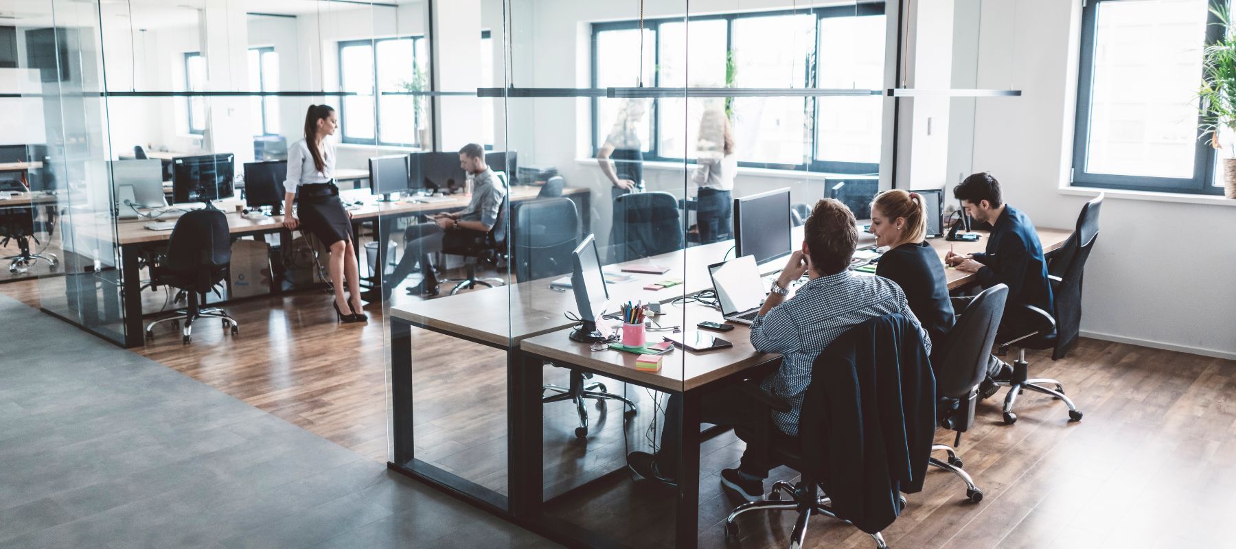 people working in a commercial business building