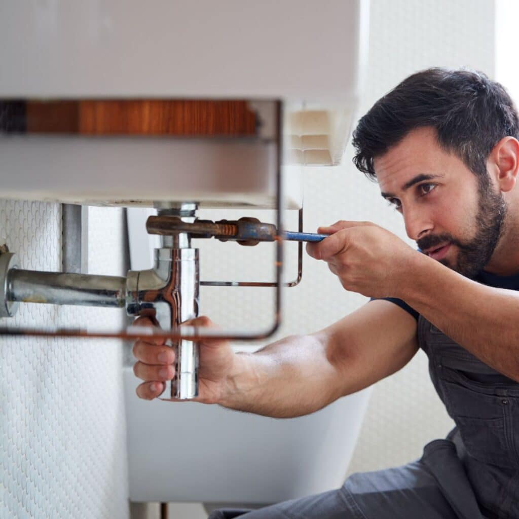 plumber using a wrench to repair a pipe during a plumbing inspection